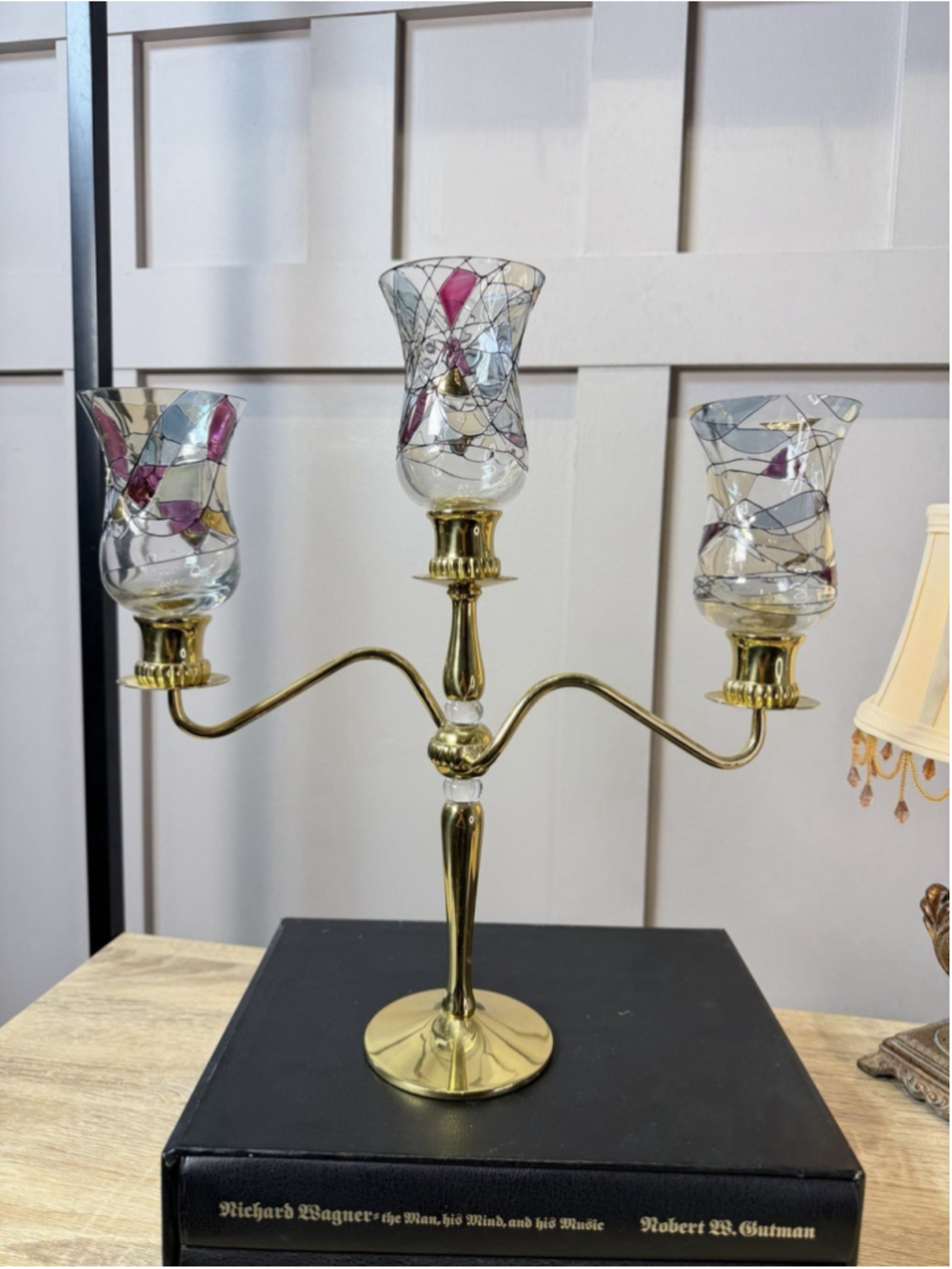 Vintage PartyLite Calypso brass and stained-glass candelabra three tulip-style